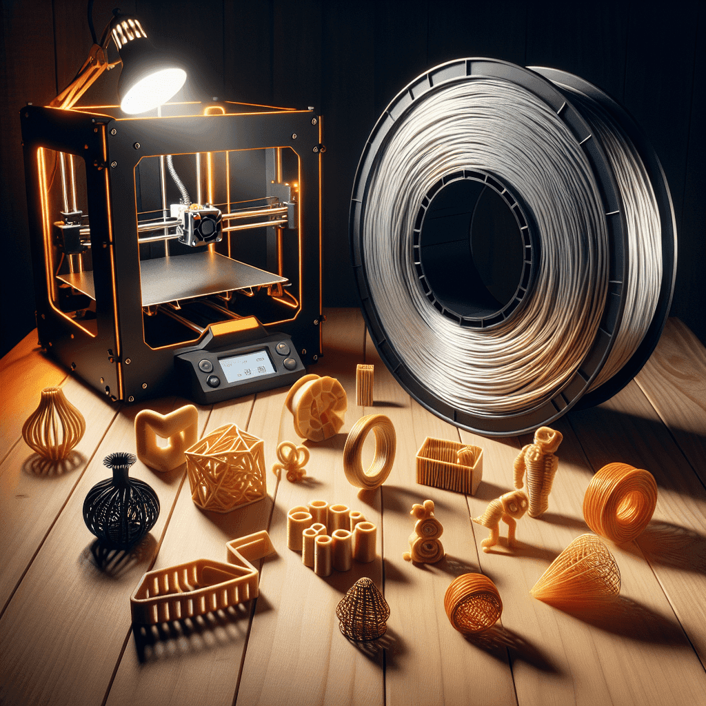 Exploring the Benefits of ABS 3D Printer Filament: Durable, Versatile, and Affordable 1 A 3D printer with a lit frame is displayed alongside a spool of filament on a wooden surface, surrounded by various 3D printed objects in different shapes and sizes, illuminated in warm tones.