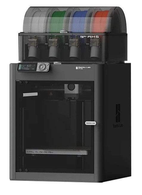 A high-tech 3D printer with a sleek black exterior and a transparent top housing multiple spools of filament in various colours. The front features a display panel and an open workspace for printing.