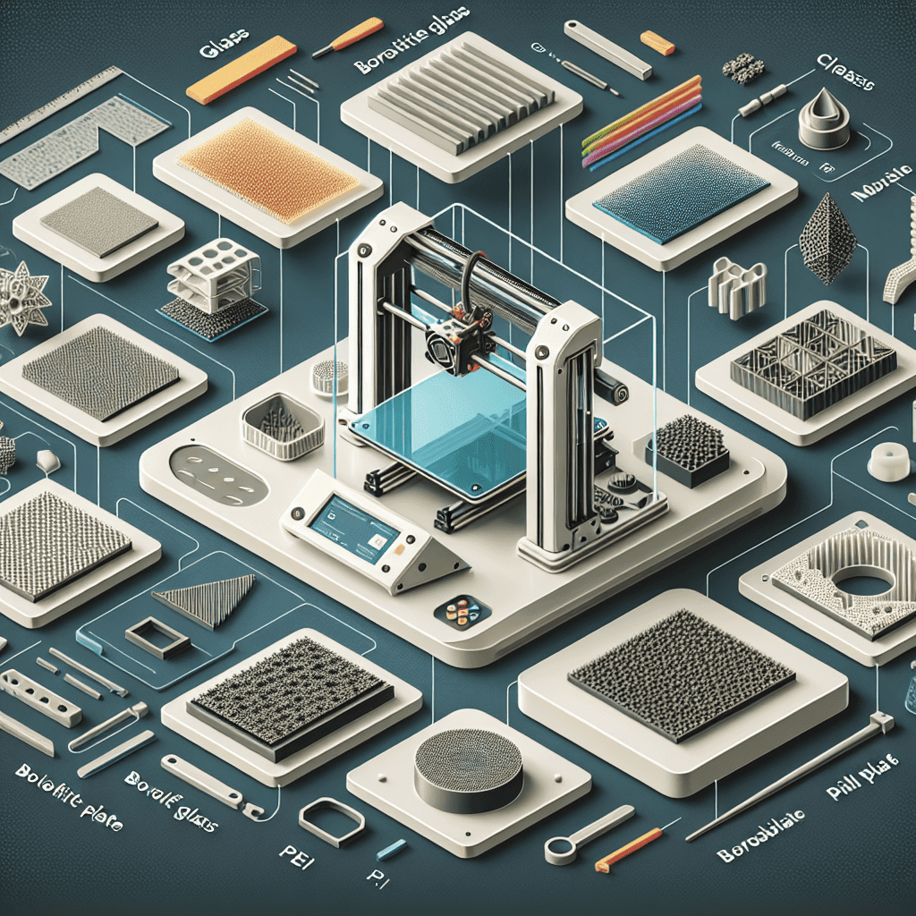 A 3D printer is centrally positioned on a work surface, surrounded by various materials and tools for 3D printing, including glass, borosilicate glass, and different types of plates and filaments.