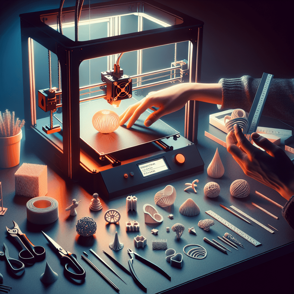 Mastering the Art of 3D Printer Warping Prevention: Tips and Techniques 1 A 3D printer in a dimly lit workspace is printing a spherical object, while a hand reaches for a spiraled design. Various completed 3D printed objects and crafting tools, including scissors and rulers, are neatly arranged on the table.