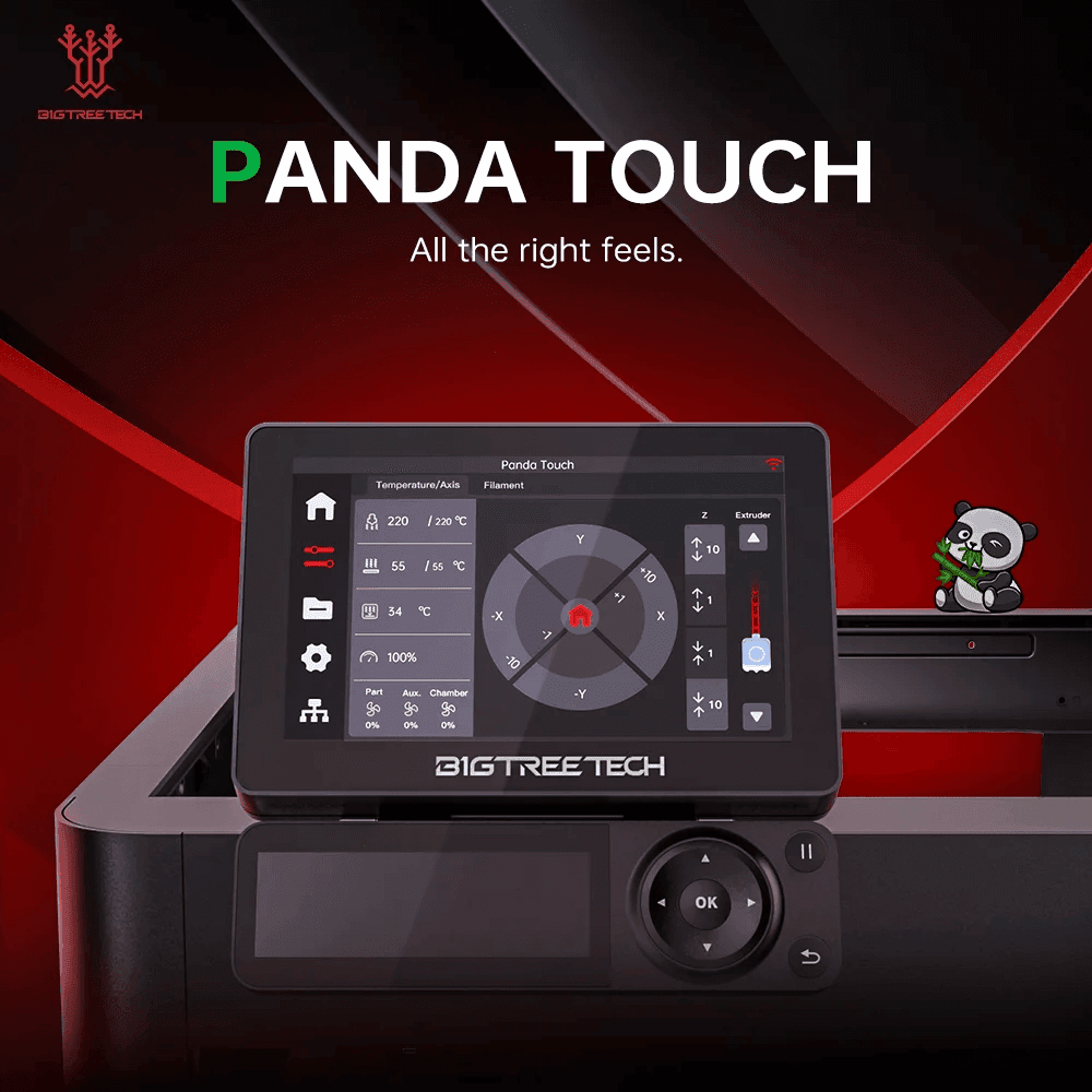 A digital touchscreen display titled "Panda Touch" showing temperature and axis settings, with a cute panda figurine nearby, set against a red background.