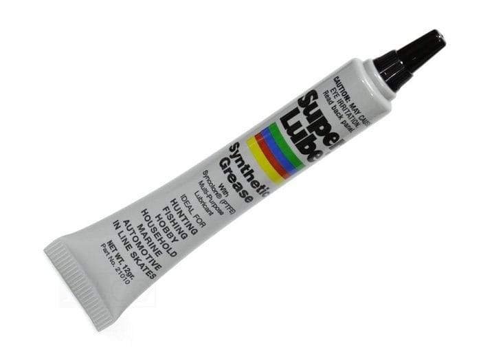 How do i lubricate my 3d printer? 1 A tube of Super Lube synthetic grease with a black tip and colourful branding, labelled for various uses including fishing, household, automotive, and in-line skates.