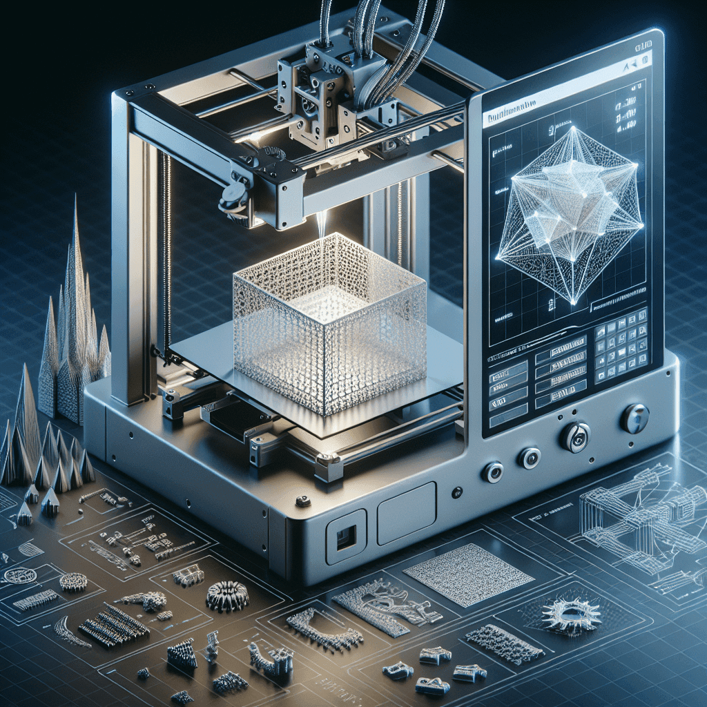 A modern 3D printer is in the process of printing a translucent, lattice-like cube. The printer has a digital display showing a 3D graphical representation and various settings. Surrounding the printer are intricate 3D printed models and components on a blueprint-like surface.
