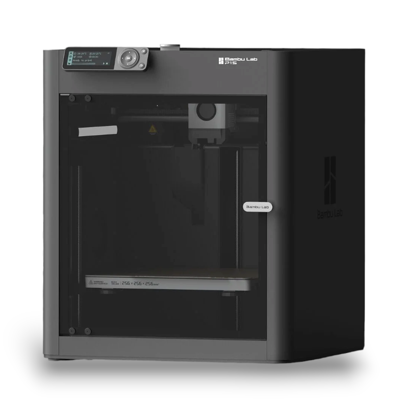 Getting Started with the Bambu Lab P1S 3D Printer: Tips and Tricks 1 A modern 3D printer with a sleek black exterior and a transparent front door, showcasing an interior build plate and printing mechanism. The printer features a control panel at the top-left with a display screen and a rotating knob.