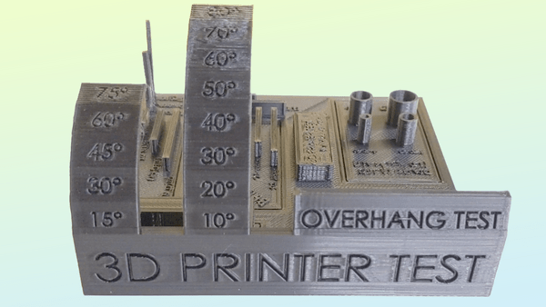 Mastering 3D Printer Calibration: A Comprehensive Guide for Beginners 1 A 3D printed test model featuring various overhang angles marked from 10° to 75°, with the text "3D PRINTER TEST" and "OVERHANG TEST" engraved on the base.