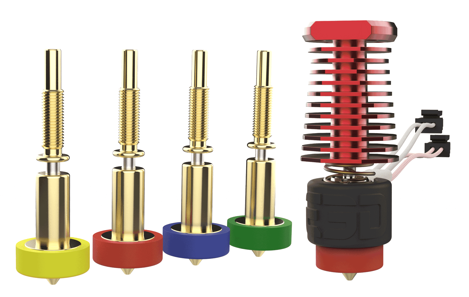 E3-D Revo Ceramic Heating Core Hotend Kit 1 A collection of four gold-coloured screws in various heights, each sitting in a different coloured base (yellow, red, blue, and green), alongside a detailed red and black component resembling a cooling device with wires attached.