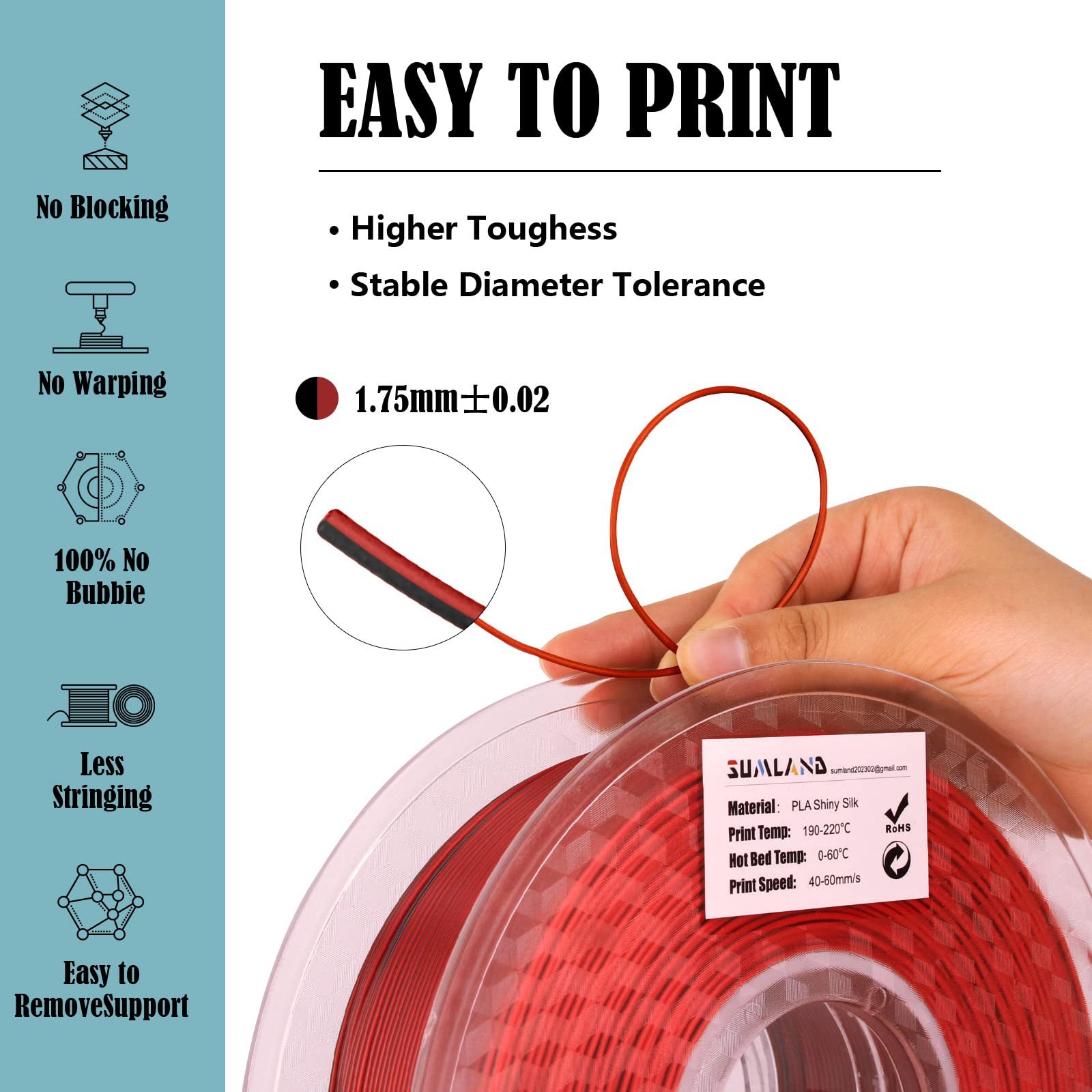 SUMLAND PLA Filament 3D Printer Filament,Silk PLA Filament Dual Color PLA Filament 1.75mm+/-0.02mm Black Red/Black Green/Black Purple/Black Gold,3D Printing Filament Bundle 200gX 4 Spools