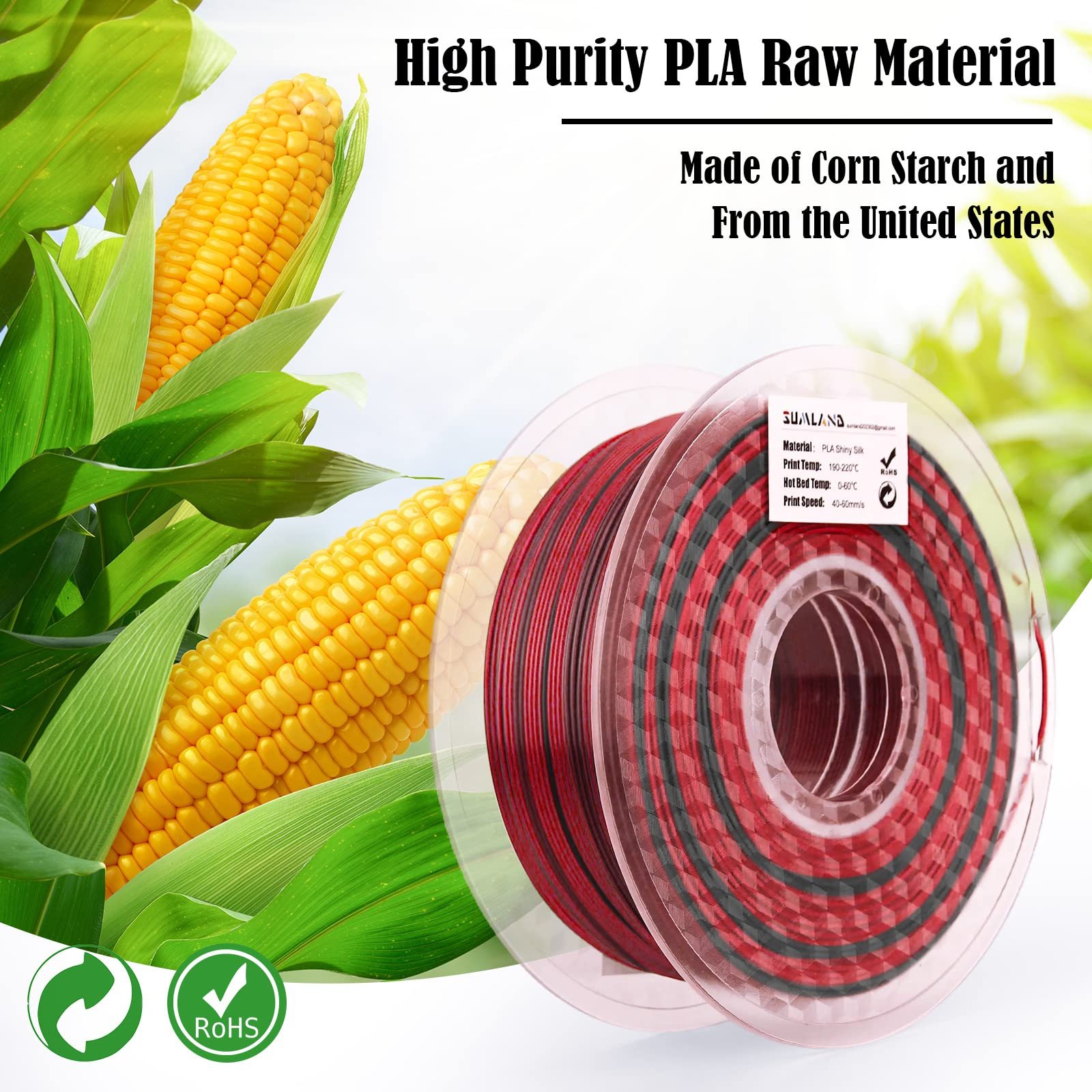 SUMLAND PLA Filament 3D Printer Filament,Silk PLA Filament Dual Color PLA Filament 1.75mm+/-0.02mm Black Red/Black Green/Black Purple/Black Gold,3D Printing Filament Bundle 200gX 4 Spools