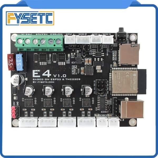 A black electronic circuit board with the label "E4 v1.0," featuring various components including connectors, capacitors, and an ESP32 chip.