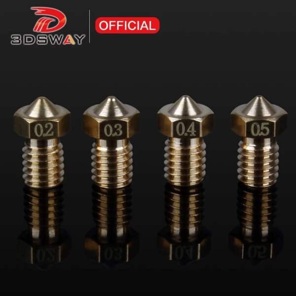 Four brass 3D printer nozzles, labelled 0.2, 0.3, 0.4, and 0.5, displayed against a black background, with a reflective surface.