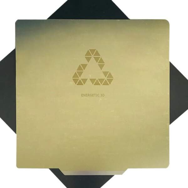A metallic gold square with a geometric logo featuring triangular shapes and the text "ENERGETIC 3D" at the centre, set against a black background.