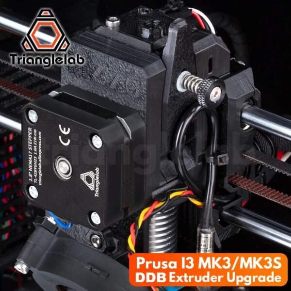 Close-up view of a 3D printer's extruder assembly, featuring a stepper motor and various components, with branding for Trianglelab and a label indicating "Prusa I3 MK3/MK3S DDB Extruder Upgrade."