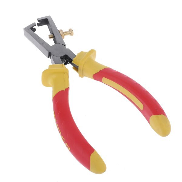 A pair of pliers with red and yellow rubber grips, featuring a flat jaw with a square opening and a screw mechanism for adjustments.