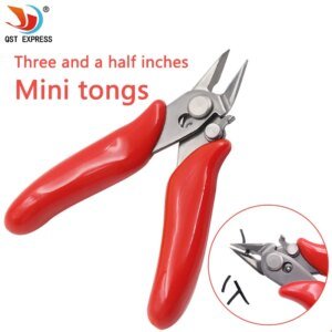 A pair of small metal tongs with red plastic handles, labelled as "Three and a half inches Mini tongs," with a close-up image showing the tongs cutting a thin object.