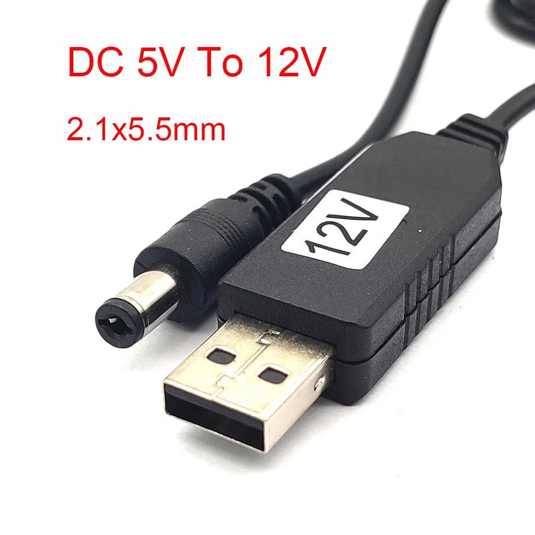 USB Power Boost Cable DC 5V to 12V Step-Up Converter Adapter 2.1x5.5mm/1.35x5.5mm 1 USB cable with a DC output, converting 5V to 12V, featuring a 2.1mm x 5.5mm connector.