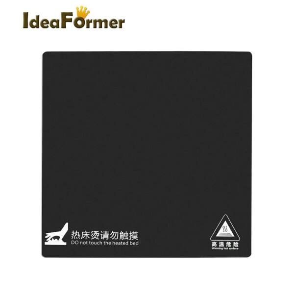 A black square mat with white text warning not to touch the heated bed, featuring a symbol indicating a hot surface, along with the logo "IdeaFormer" at the top.