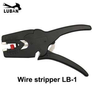 A black wire stripper tool labeled "Wire stripper LB-1," featuring a red mechanism and measurement markings for wire sizes from 0.03 to 10 mm².