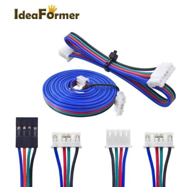 A collection of multicoloured wires in blue, black, red, and green, with connectors at both ends; one long, coiled wire in the centre and several shorter wire sections with differing connector types arranged below.