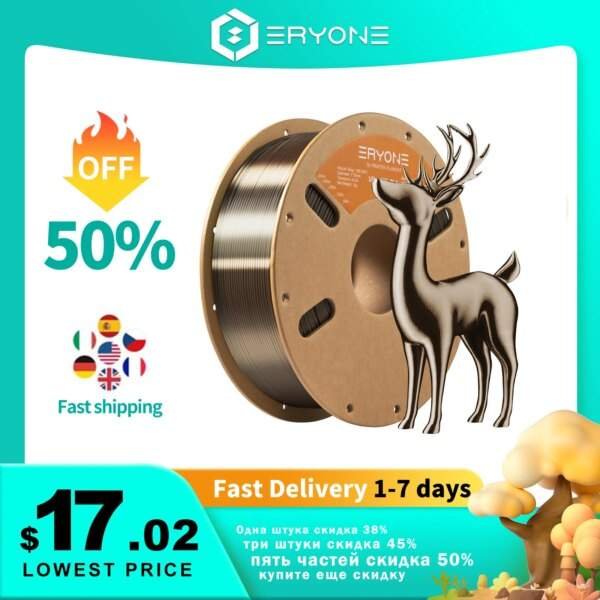 A promotional image featuring a spool of 3D printer filament, labeled with a 50% discount, alongside a stylised bronze deer figure. The background includes flags representing several countries and text indicating fast shipping and pricing details.