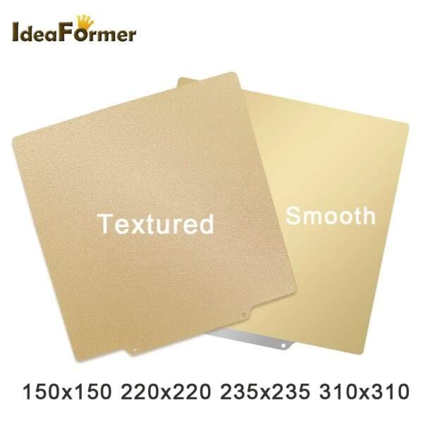 Two gold-coloured sheets are displayed, one with a textured surface labelled "Textured" and the other with a smooth surface labelled "Smooth." Below, dimensions of the sheets (150x150, 220x220, 235x235, 310x310) are noted. The IdeaFormer logo is in the top left corner.