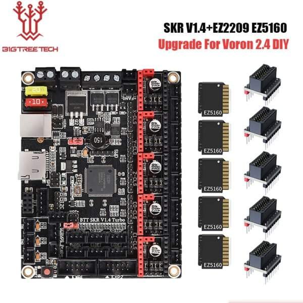 Image of a 3D printer motherboard labeled "SKR V1.4" from Big Tree Tech, featuring several components including connectors and driver slots, accompanied by five EZ5160 stepper driver chips arranged beside it.