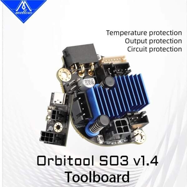 A close-up image of a black circuit board with a blue heatsink, displaying various connectors and components, labelled with "Orbitool S03 v1.4 Toolboard" and features like "Temperature protection," "Output protection," and "Circuit protection" in the background.