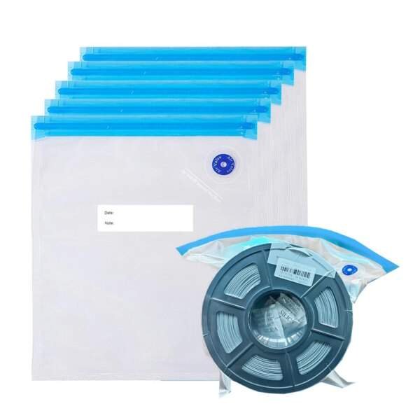 A pack of six clear storage bags with blue sealing strips, alongside a spool of filament wrapped in a protective bag, displaying a label.