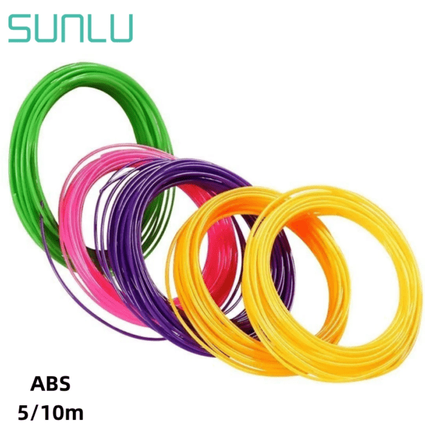 A collection of colourful ABS 3D printing filament spools in green, pink, purple, and yellow, displayed prominently with the text "SUNLU" and "ABS 5/10m" featured in the image.