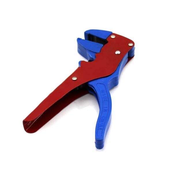 A red and blue adjustable pipe wrench tool resting on a white background.