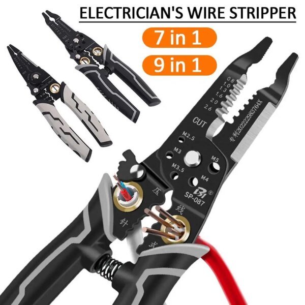 A close-up image of two types of electrician's wire strippers, labelled as "7 in 1" and "9 in 1," showcasing their various features and cutting mechanisms, with wires in the tool.