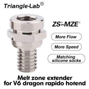 A metal melt zone extender for a V6 Dragon Rapido hotend, featuring a threaded design for attachment, with promotional text highlighting "More Flow," "More Speed," and "Matching silicone socks."