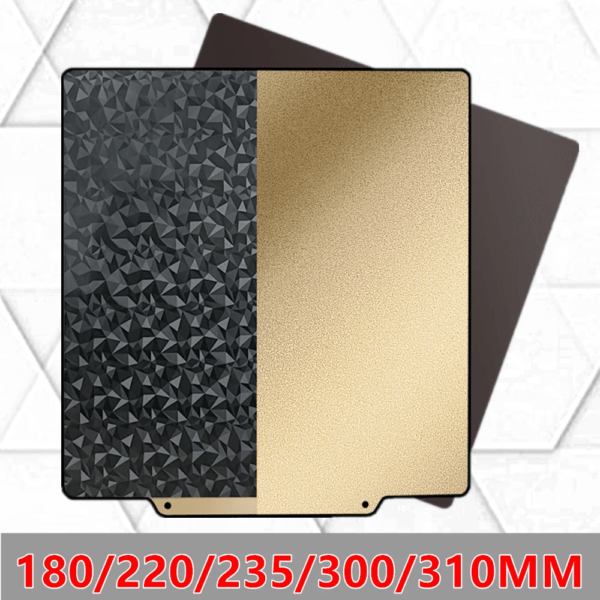 A rectangular mat with one side featuring a black, textured geometric pattern and the other side in a smooth, metallic gold finish, displayed against a light, patterned background, with size options written in red below.