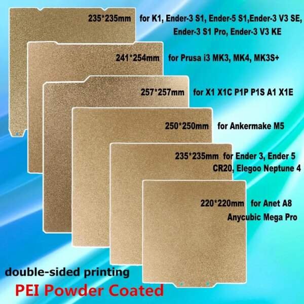 A collection of gold-coloured PEI powder-coated print surfaces of various sizes, each labelled with dimensions and compatible 3D printer models, set against a blue background.
