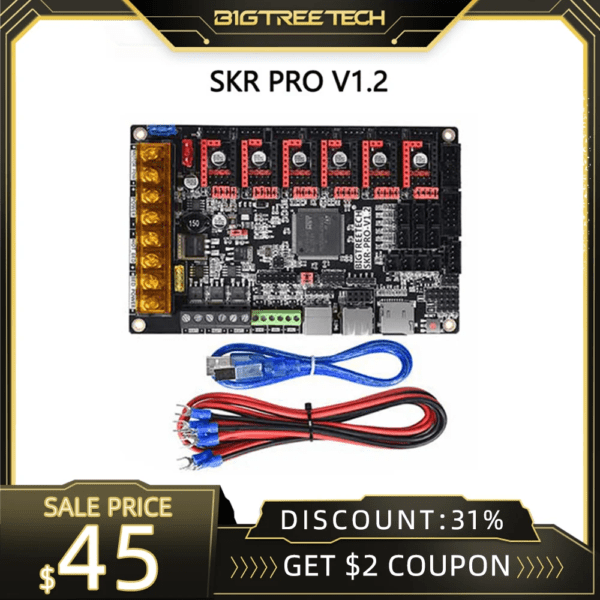 A circuit board labeled "SKR PRO V1.2" with various ports and connectors, accompanied by a blue and a red cable, displayed with promotional pricing details.