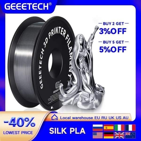 A spool of GEEETECH 3D printer filament in a silver colour, alongside a detailed silver figurine of a woman with flowing hair and robes. Promotional text indicates discounts for bulk purchases.