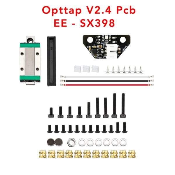 A collection of electronic components including a Opttap V2.4 PCB, connectors, wires, screws, nuts, and other small parts, arranged neatly on a white background.