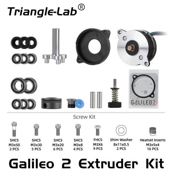 A collection of components for the Galileo 2 Extruder Kit, including gears, bearings, a motor, screws, and various fittings, with the "Triangle-Lab" logo and product specifications displayed.