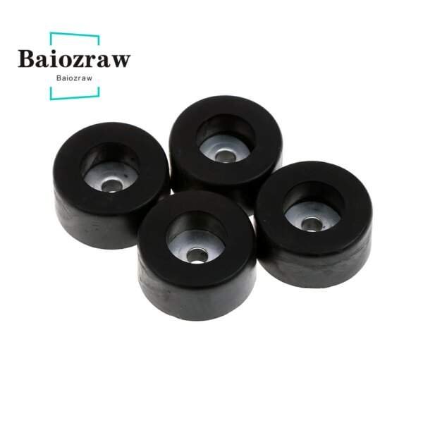Four black rubber wheels with a metal centre, arranged in a circular formation on a white background.