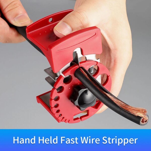 A person holding a red hand-held wire stripper tool, with a black wire being inserted into it, revealing the copper strands inside.