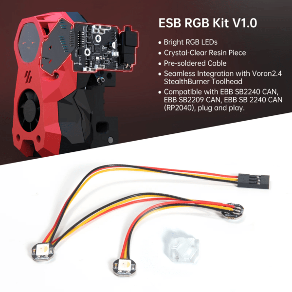 Image showing the ESB RGB Kit V1.0, featuring a black circuit board with bright RGB LEDs attached to a red and black toolhead with a fan. There are also two LED modules with wires and a clear resin piece displayed in front. Text highlights key features and compatibility with specific products.