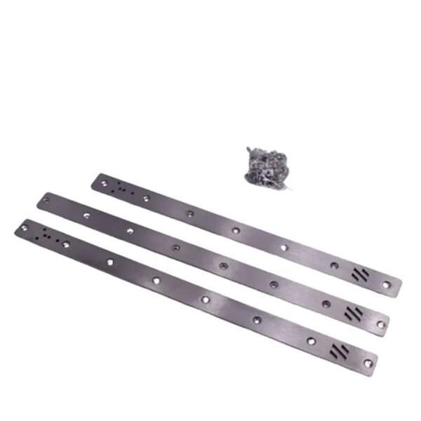 Three metal strips with multiple holes placed parallel to each other, accompanied by a small pile of screws.