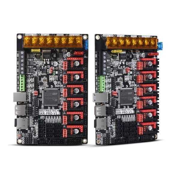 Two identical 3D printer control boards, labelled "BIGTREETECH SKR-PRO-V1.2," positioned side by side, featuring numerous pins, connectors, and components on a black circuit board with red and green terminals at the sides.