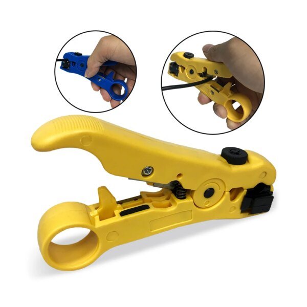 A yellow wire stripping tool, showing its handle and mechanism, with two inset images of hands using the tool on wires.
