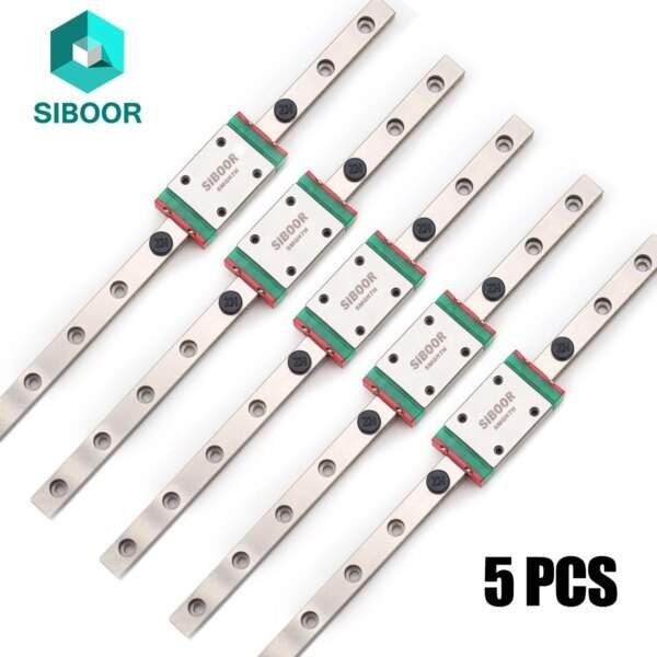 Five linear guide rails with green and red housings, featuring a silver metallic finish and multiple mounting holes, branded "SIBOOR."