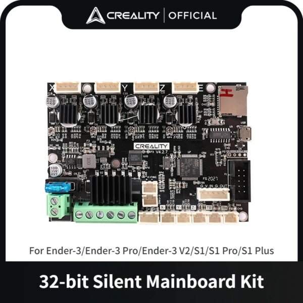 A 32-bit silent mainboard kit for Creality 3D printers, featuring connections for stepper motors, a USB port, and various electronic components on a black circuit board.
