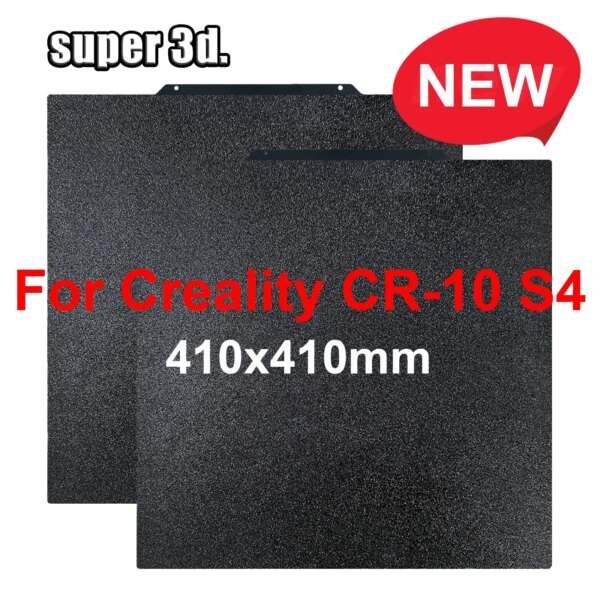 A pair of black textured printing surfaces designed for the Creality CR-10 S4, measuring 410x410mm, with a "NEW" label in a red speech bubble.
