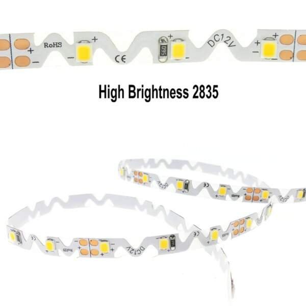 A close-up image of a flexible LED light strip featuring small yellow and orange bulbs on a white circuit board, with markings indicating "High Brightness 2835" and "DC12V" along the top.