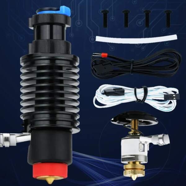 A black and red nozzle with an adjustable top, accompanied by various components including screws, wires, and a white strip, set against a dark, circuit-patterned background.