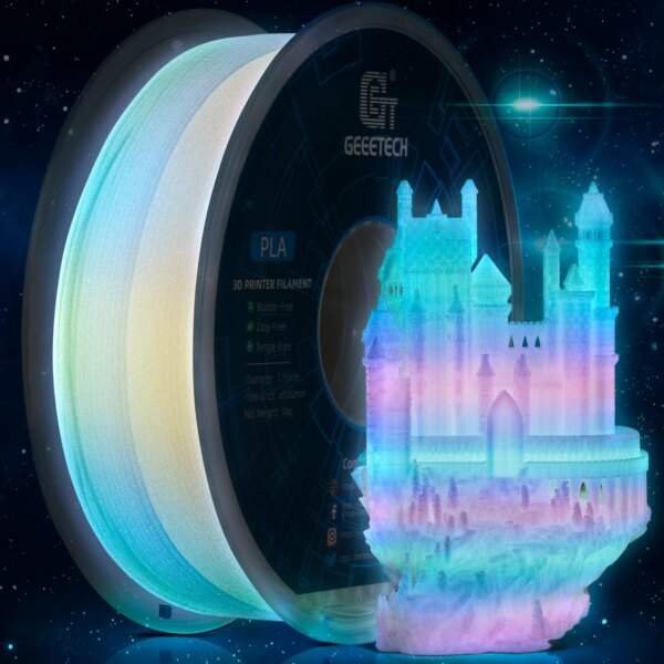 A spool of multicoloured 3D printer filament next to a translucent, intricately designed castle model, against a dark, starry background.
