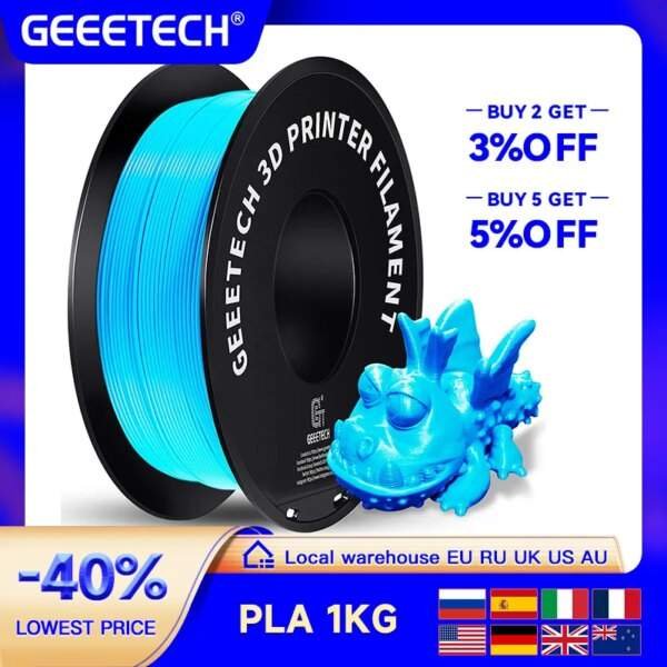 A spool of bright blue 3D printer filament with a small, dragon-like figure beside it, promoting discounts for bulk purchases and indicating a weight of 1 kg, labelled as PLA.